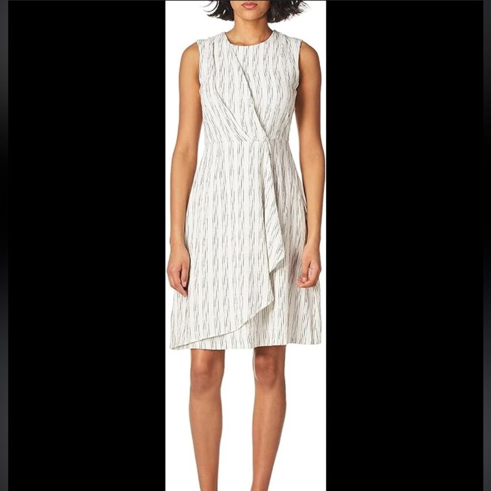 Calvin Klein White & Black Striped Drape Twist Front Dress Size 12